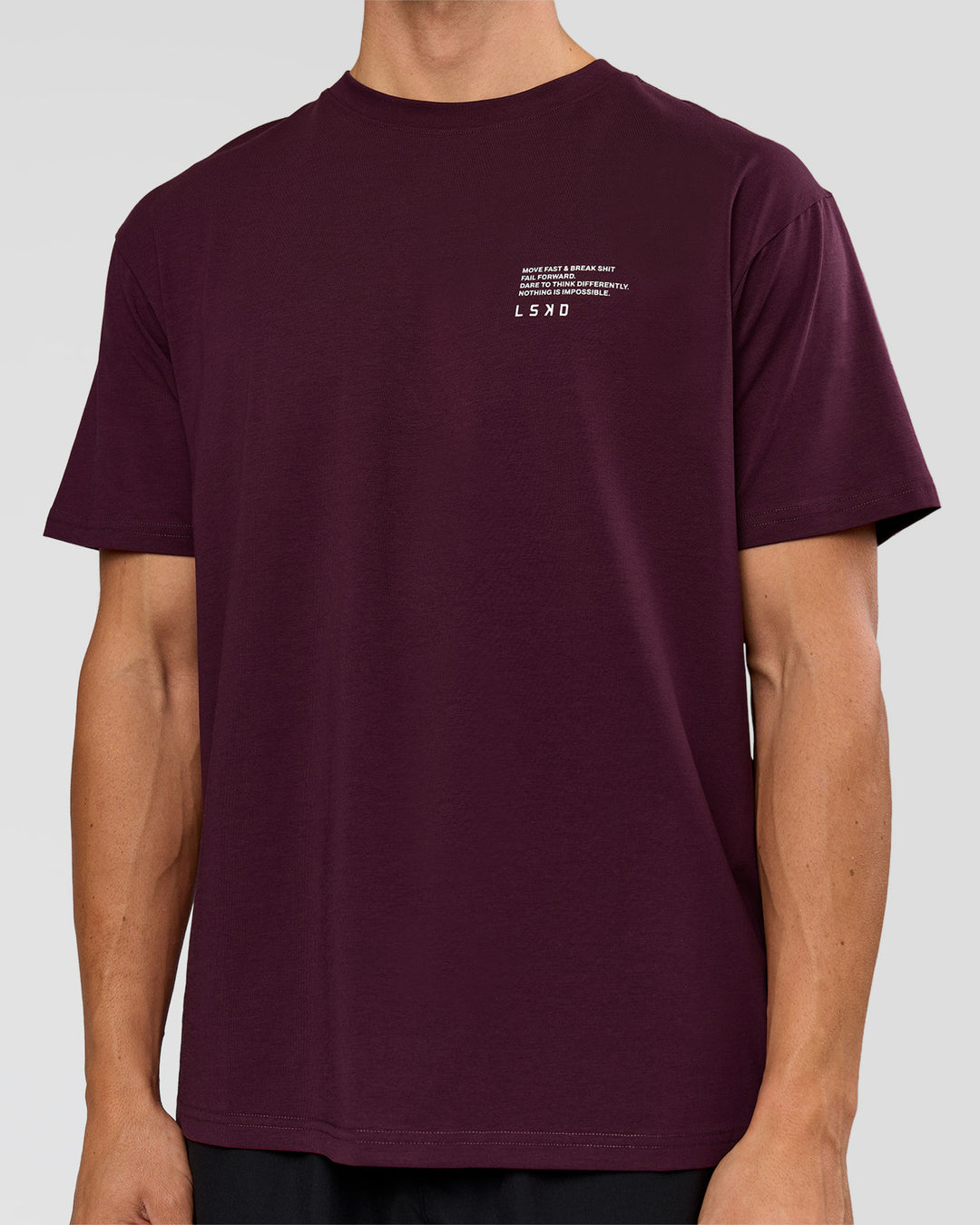 Man wearing Coffee Run FLXCotton Oversized Tee - Cherry Lacquer-Black | Model:Albert | Size:M - view 14