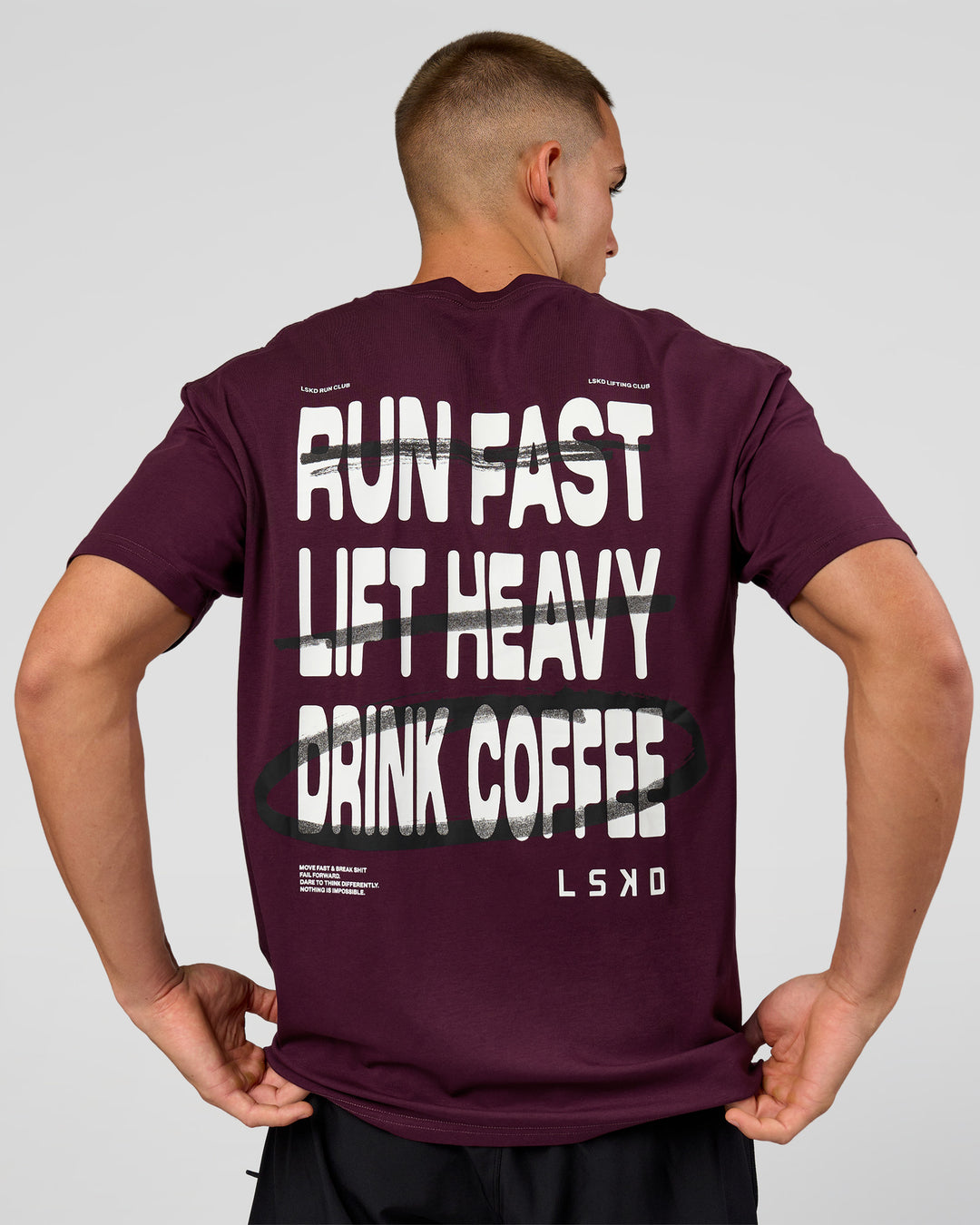 Man wearing Coffee Run FLXCotton Oversized Tee - Cherry Lacquer-Black | Model:Albert | Size:M - view 19