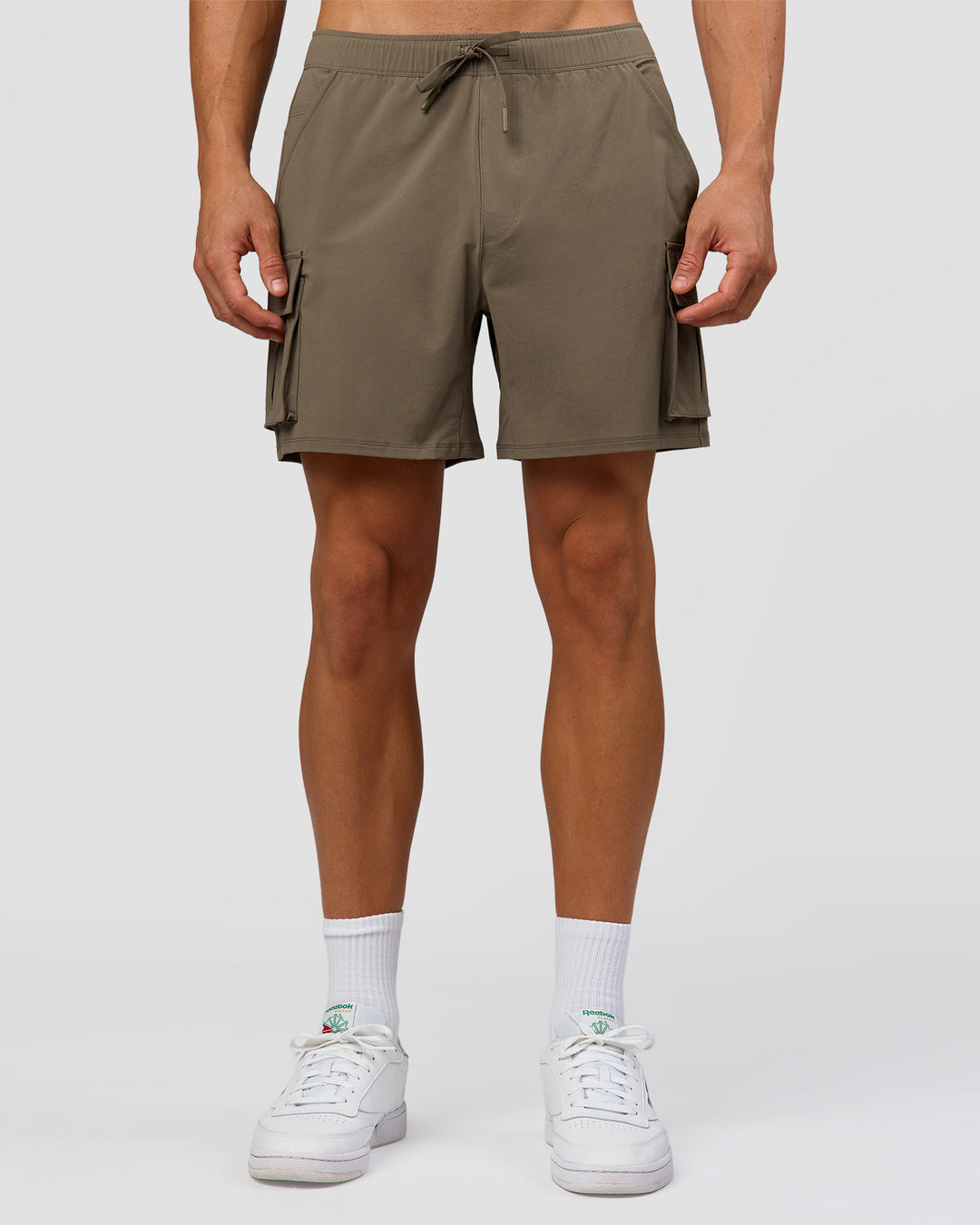 Man wearing Functional Cargo 6" Short - Walnut Grey | Model:Albert | Size:M