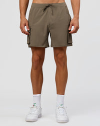Man wearing Functional Cargo 6" Short - Walnut Grey | Model:Albert | Size:M