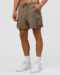 Man wearing Functional Cargo 6" Short - Walnut Grey | Model:Albert | Size:M