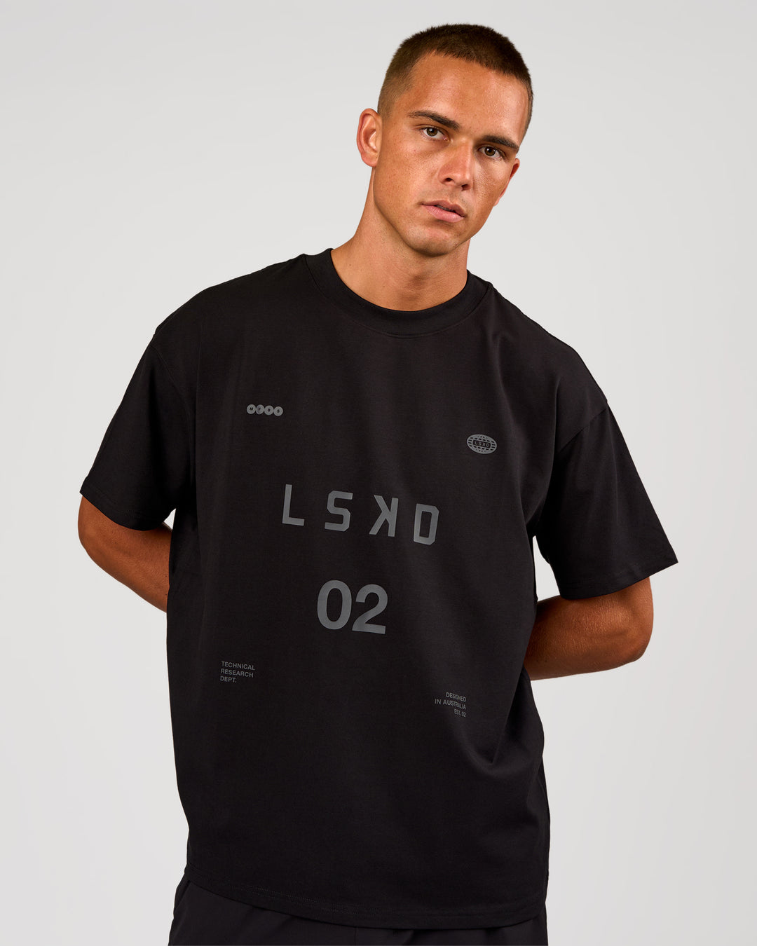 Man wearing Game Plan Heavyweight FLXCotton Oversized Tee - Black | Model:Albert | Size:M - view 11
