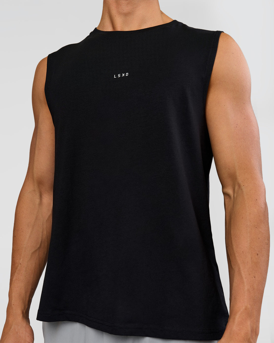 Man wearing Lifting Club FLXCotton Tank - Black-White | Model:Albert | Size:M - view 2