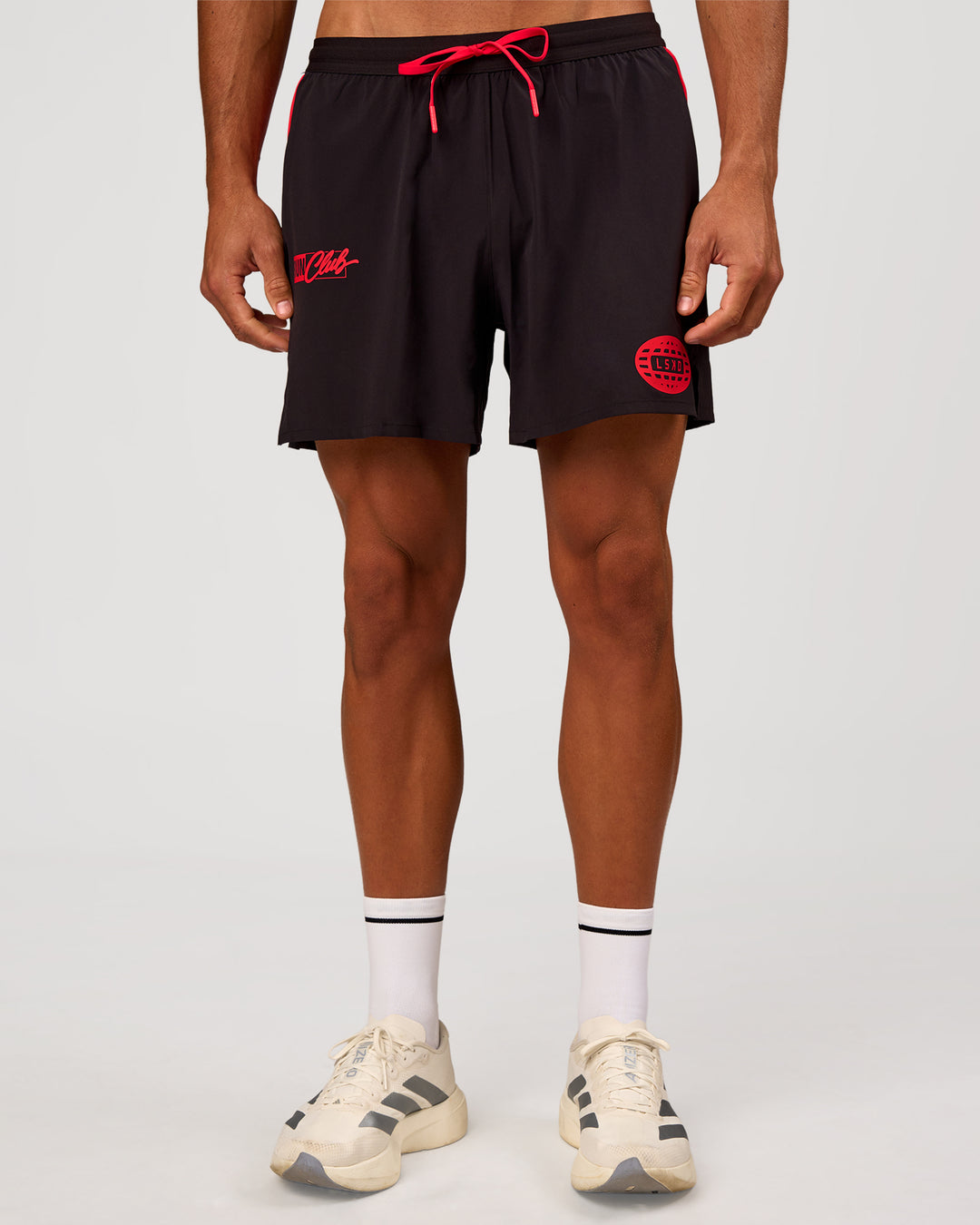 Man wearing Pace 5" Lined Running Short - Black-Scarlet | Model:Albert | Size:M - view 11