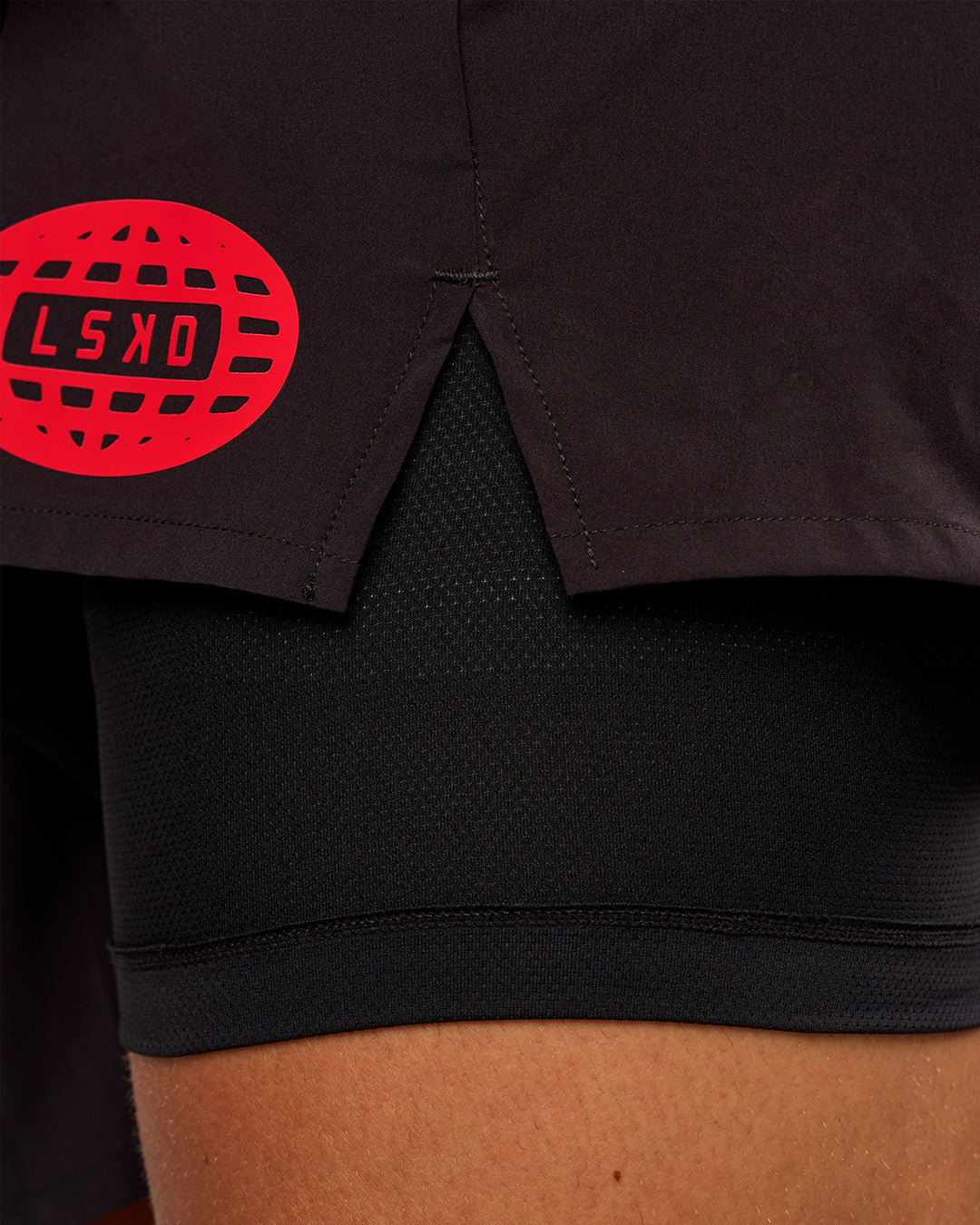 Man wearing Pace 5" Lined Running Short - Black-Scarlet | Model:Albert | Size:M - view 15
