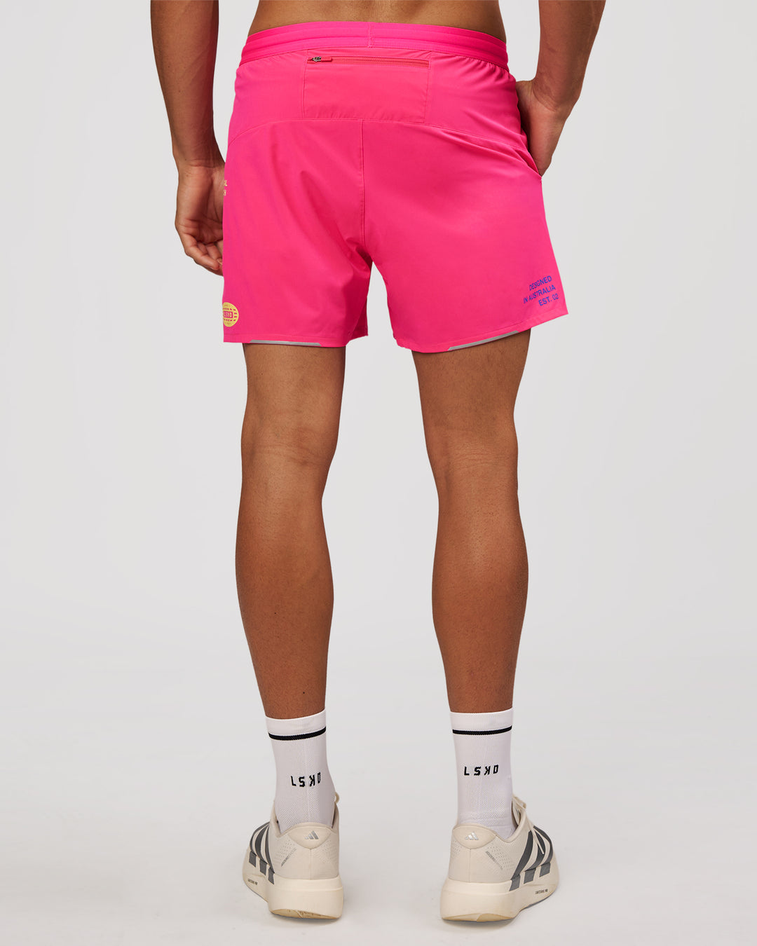Man wearing Pace 5" Lined Running Short - Game Plan Ultra Pink | Model:Albert | Size:M - view 13