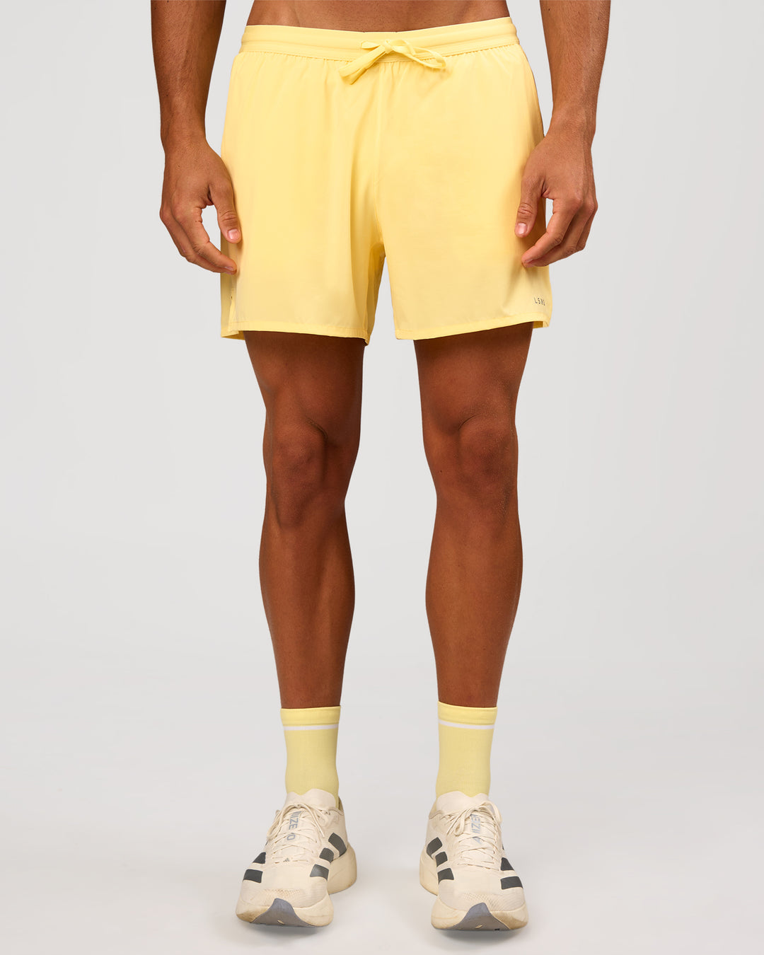 Man wearing Pace 5" Lined Running Short - Lemon | Model:Albert | Size:M - view 4