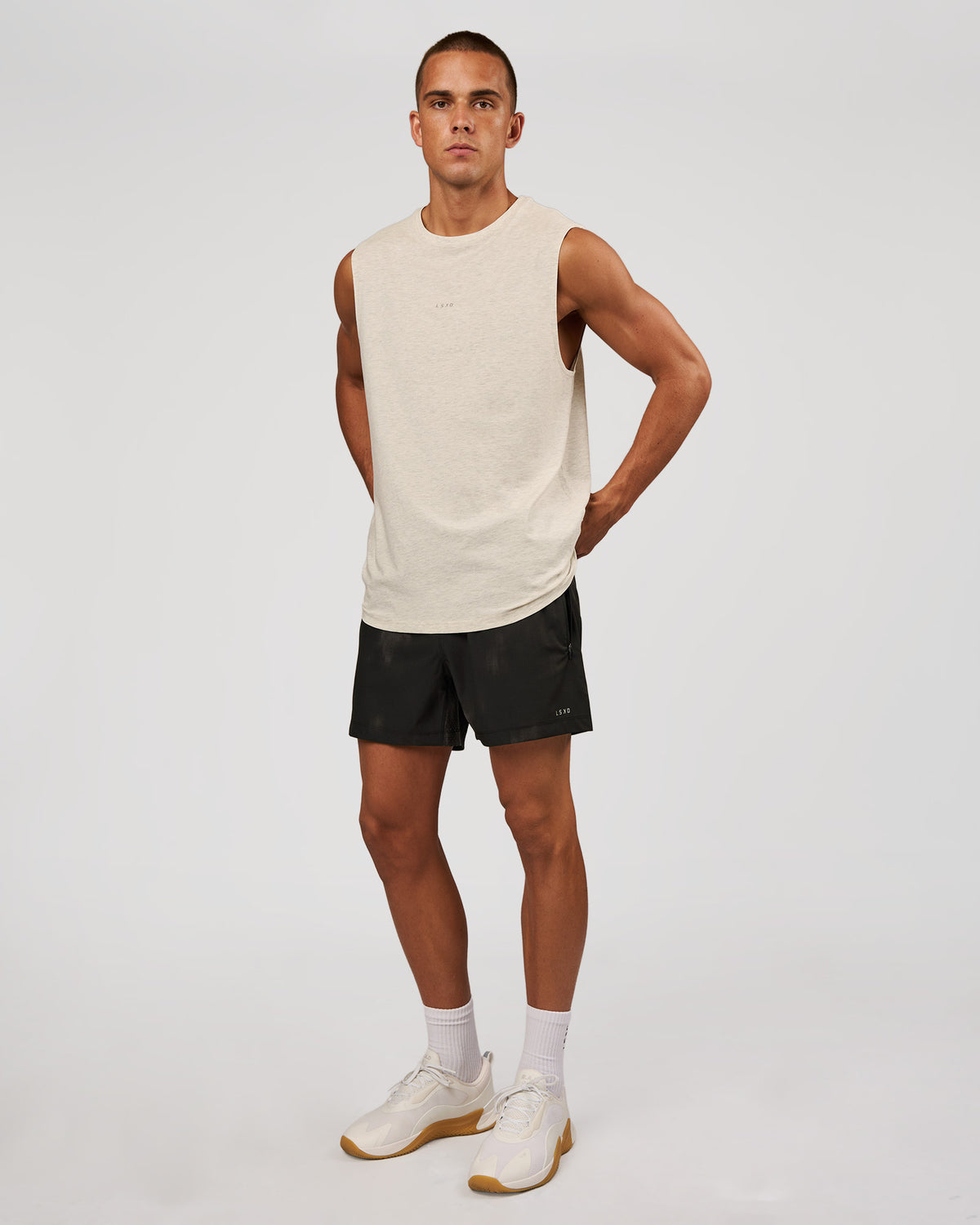 Man wearing Rep 5" Performance Short - Bitmap Blur Black | Model:Albert | Size:M