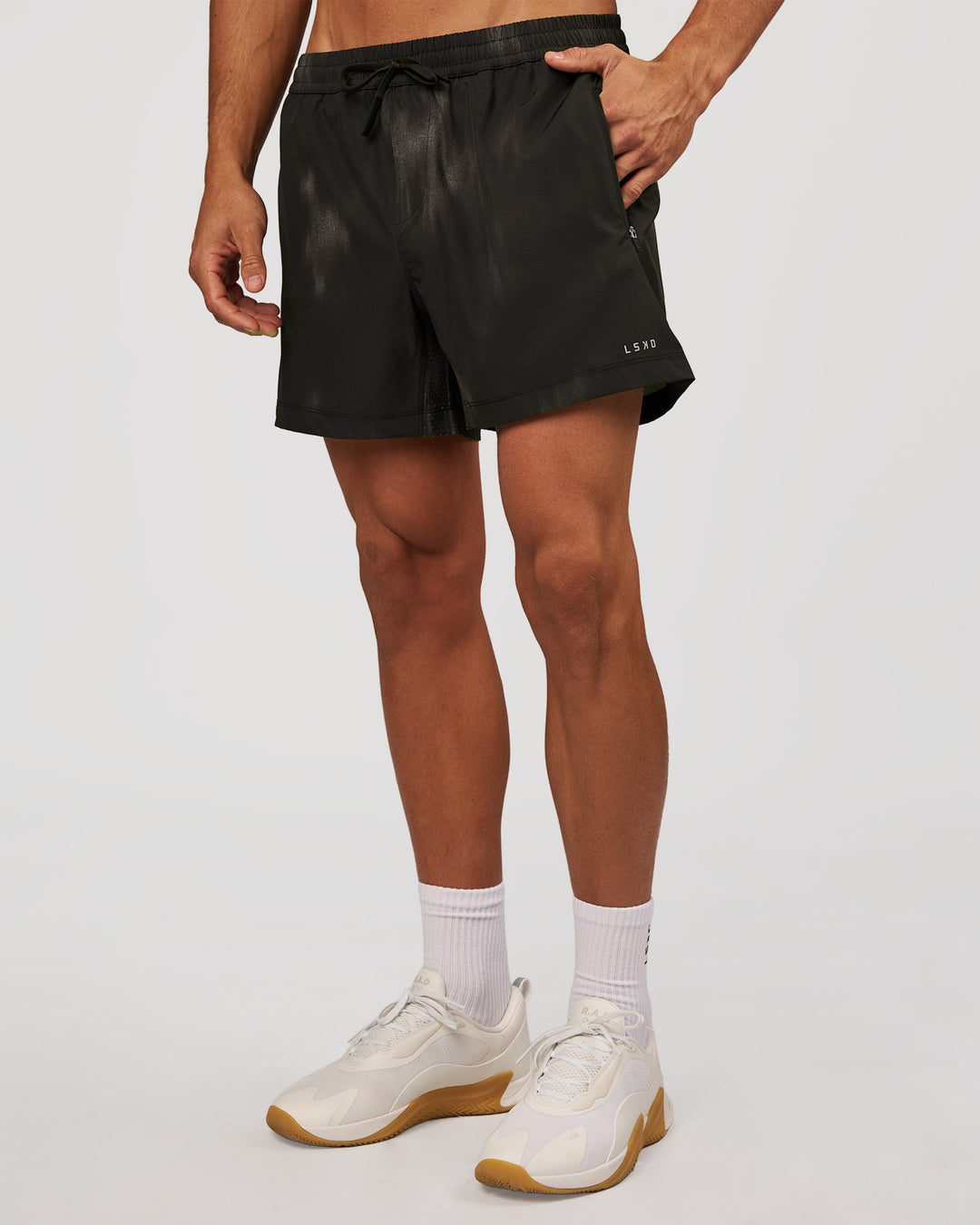 Man wearing Rep 5" Performance Short - Bitmap Blur Black | Model:Albert | Size:M - view 5