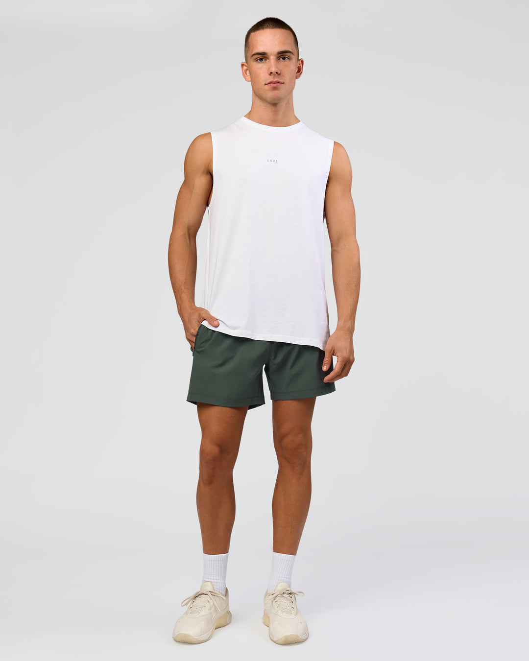 Man wearing Rep 5" Performance Short - Carbon Green | Model:Albert | Size:M