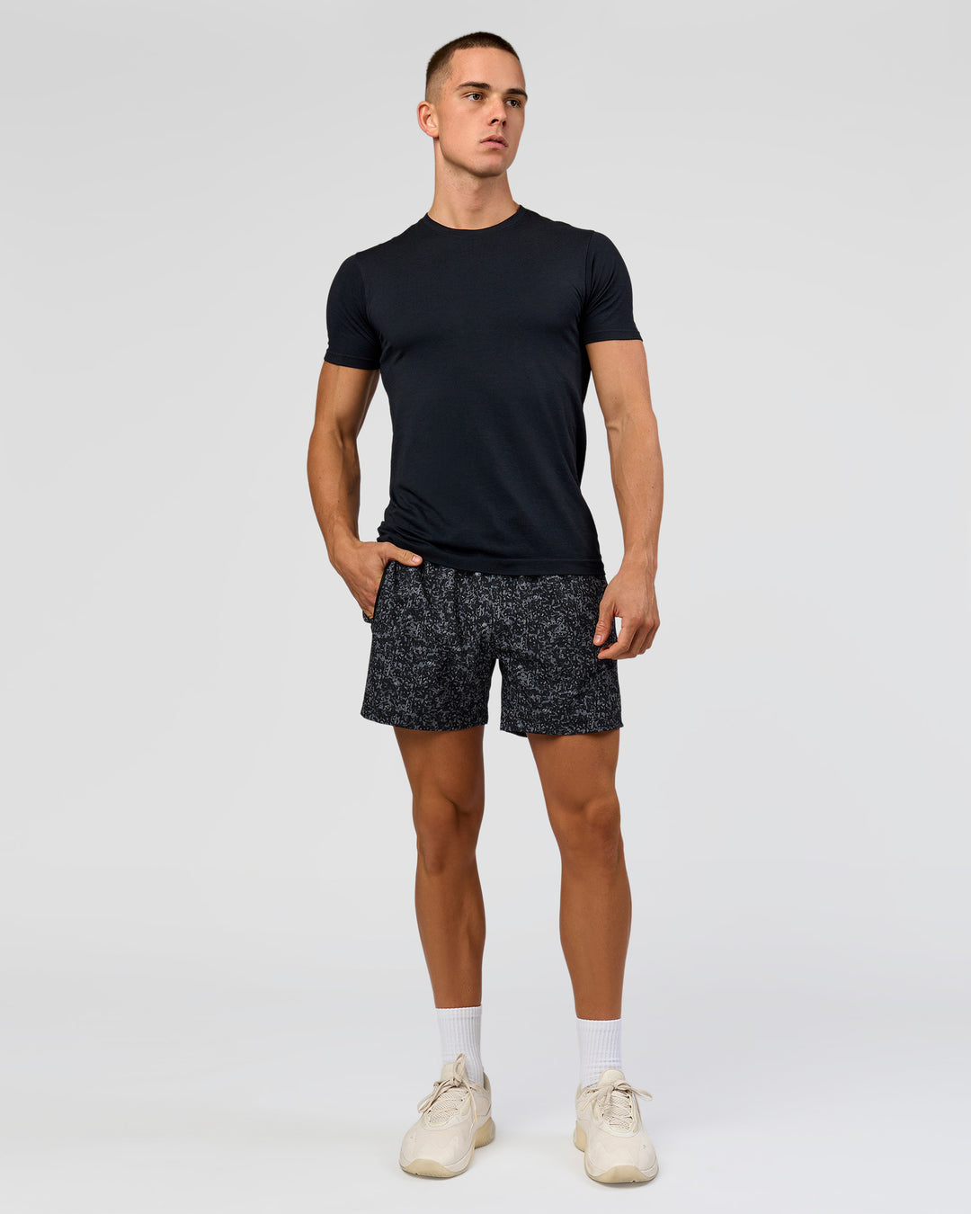 Man wearing Rep 5" Performance Short - Energy Print Black | Model:Albert | Size:M