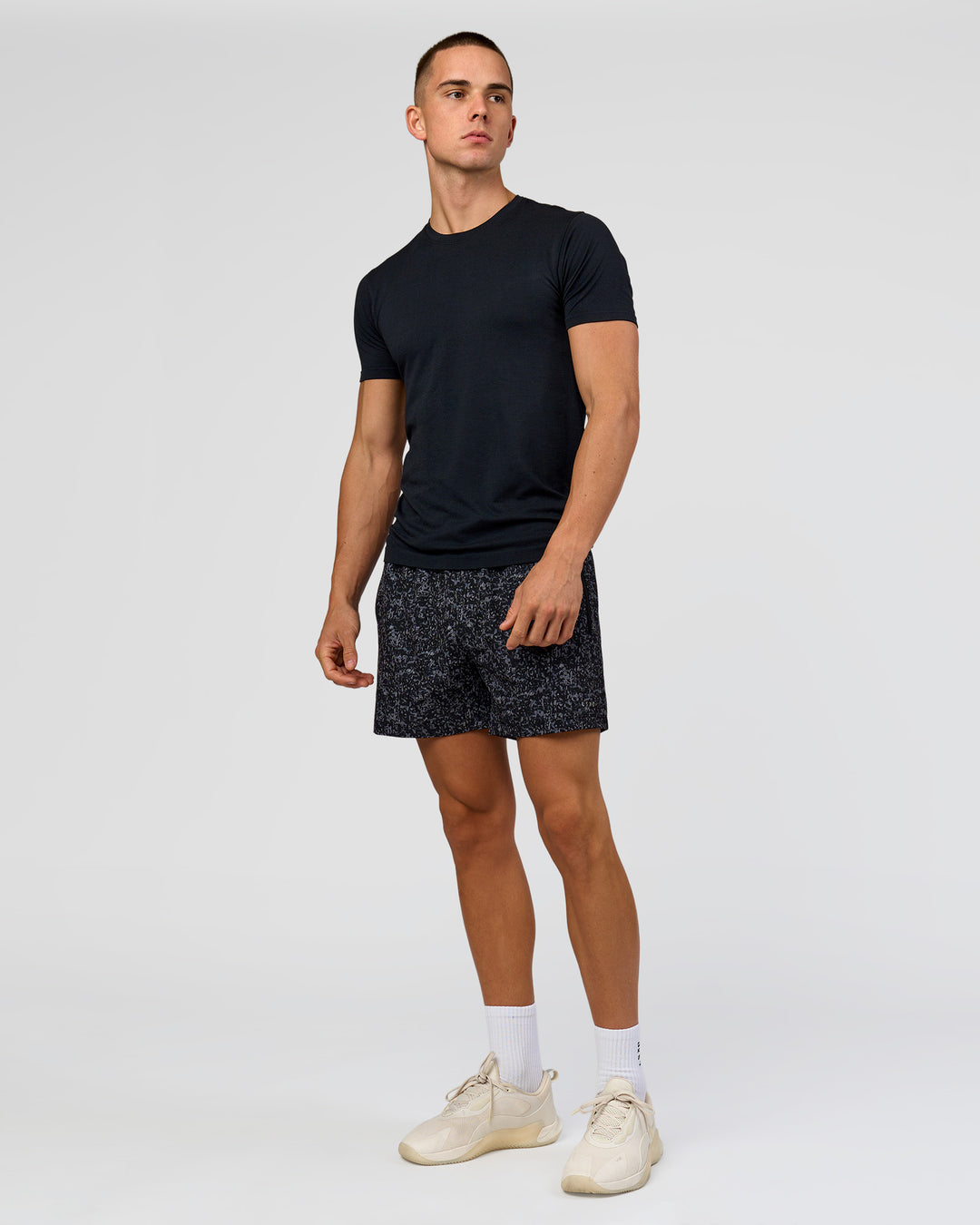 Man wearing Rep 5" Performance Short - Energy Print Black | Model:Albert | Size:M