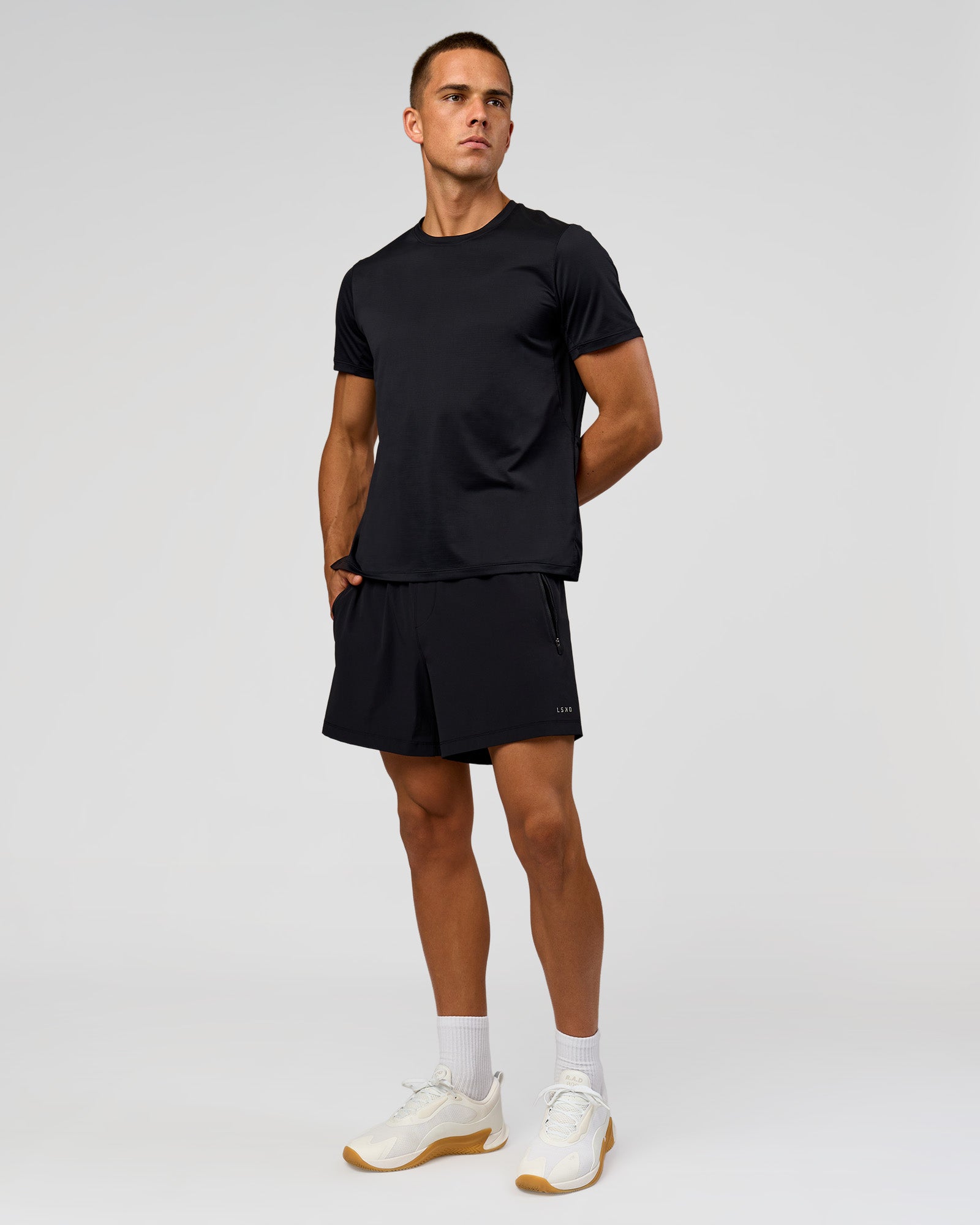 Man wearing Rep+ 5” Training Short - Black | Model:Albert | Size:M