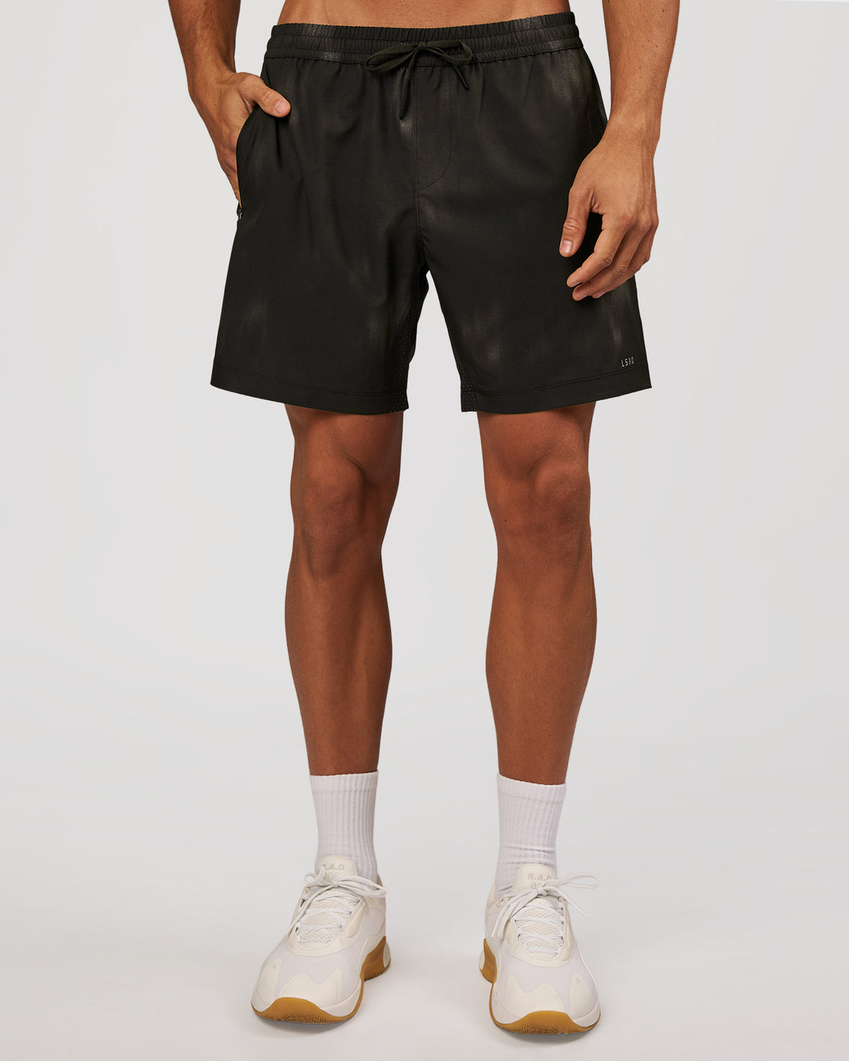 Man wearing Rep 7" Performance Short - Bitmap Blur Black | Model:Albert | Size:M