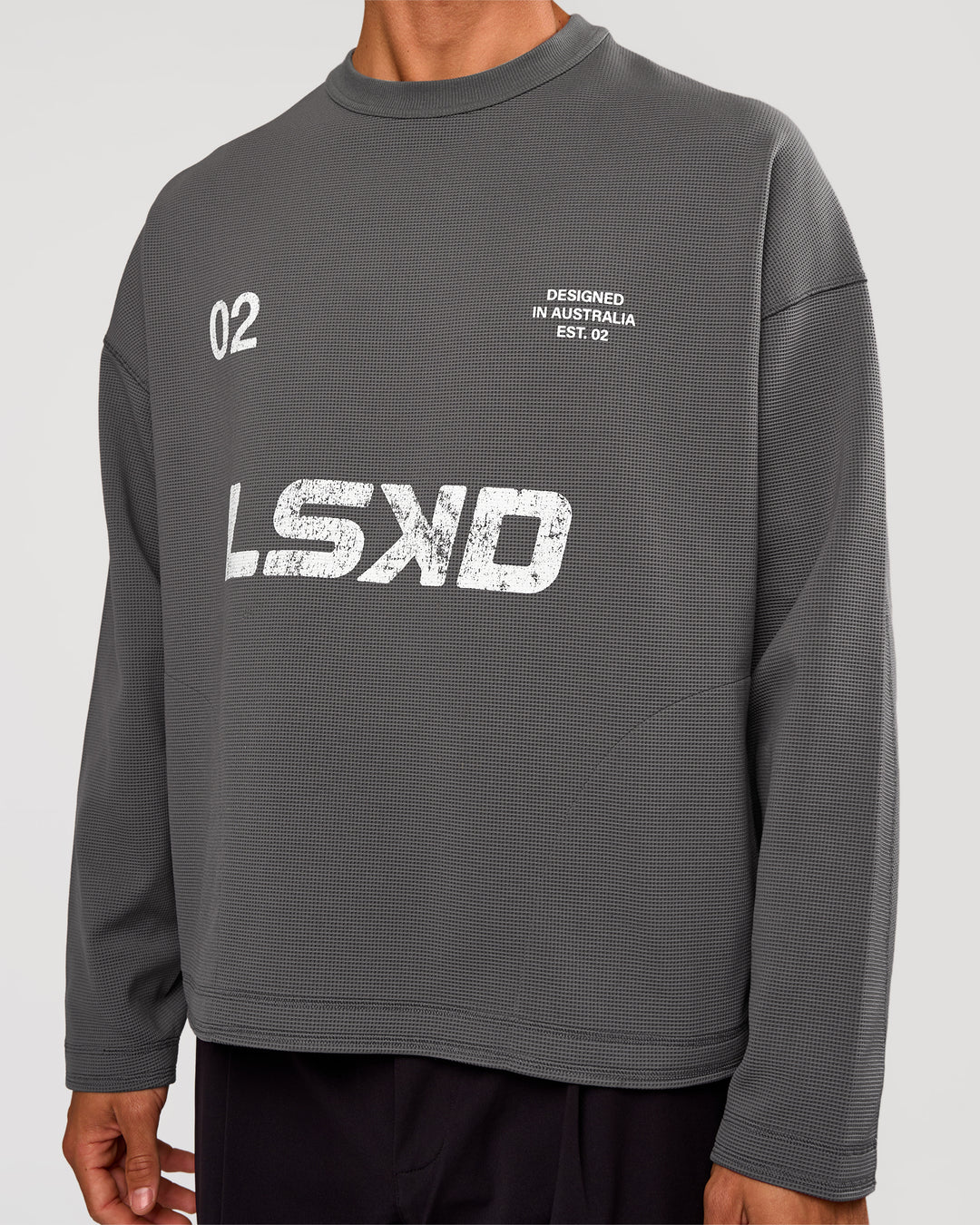 Man wearing Stadium Waffle Sweater - Dark Storm-White | Model:Albert | Size:M - view 3