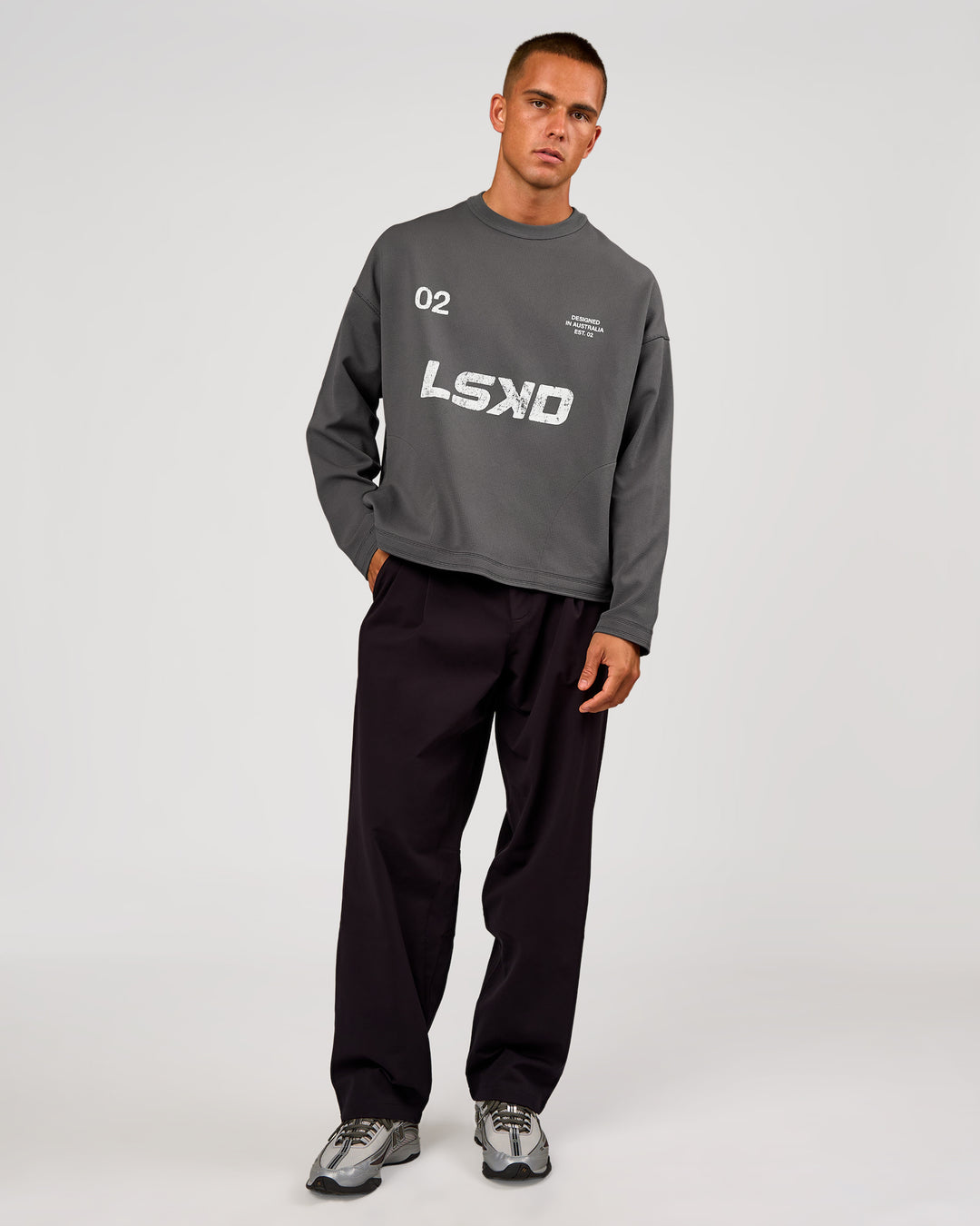 Man wearing Stadium Waffle Sweater - Dark Storm-White | Model:Albert | Size:M - view 8