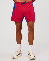 Man wearing UltraAir 5" Lined Performance Short - Scarlet-Electric Indigo | Model: Albert | Size: M | Thumbnail Index: 5