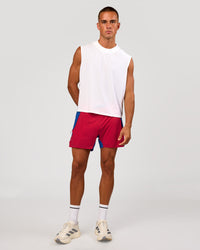 Man wearing UltraAir 5" Lined Performance Short - Scarlet-Electric Indigo | Model: Albert | Size: M | Thumbnail Index: 9