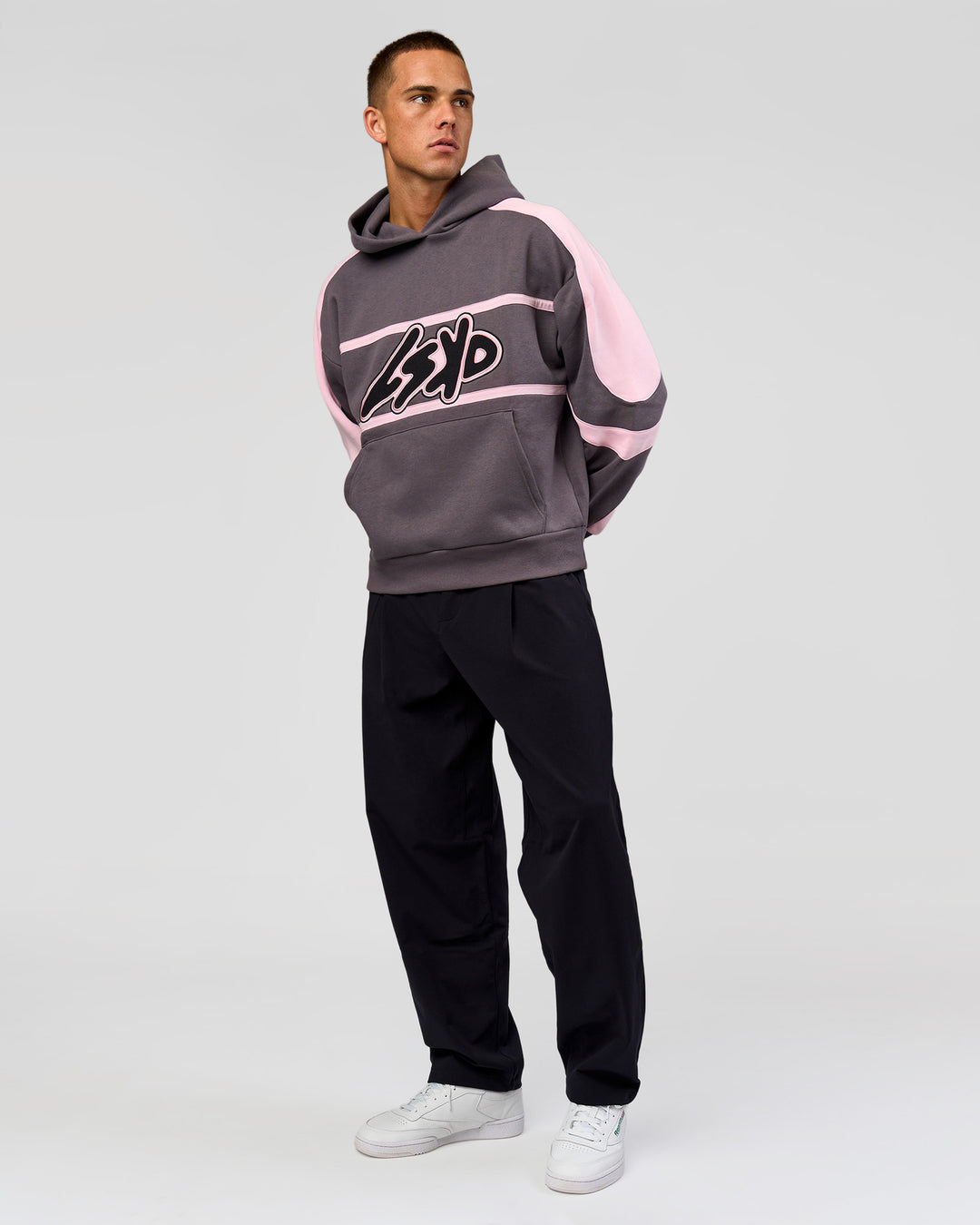 Man wearing Vibe Oversized Hoodie - Duskstone-Marshmallow | Model:Albert | Size:M - view 10