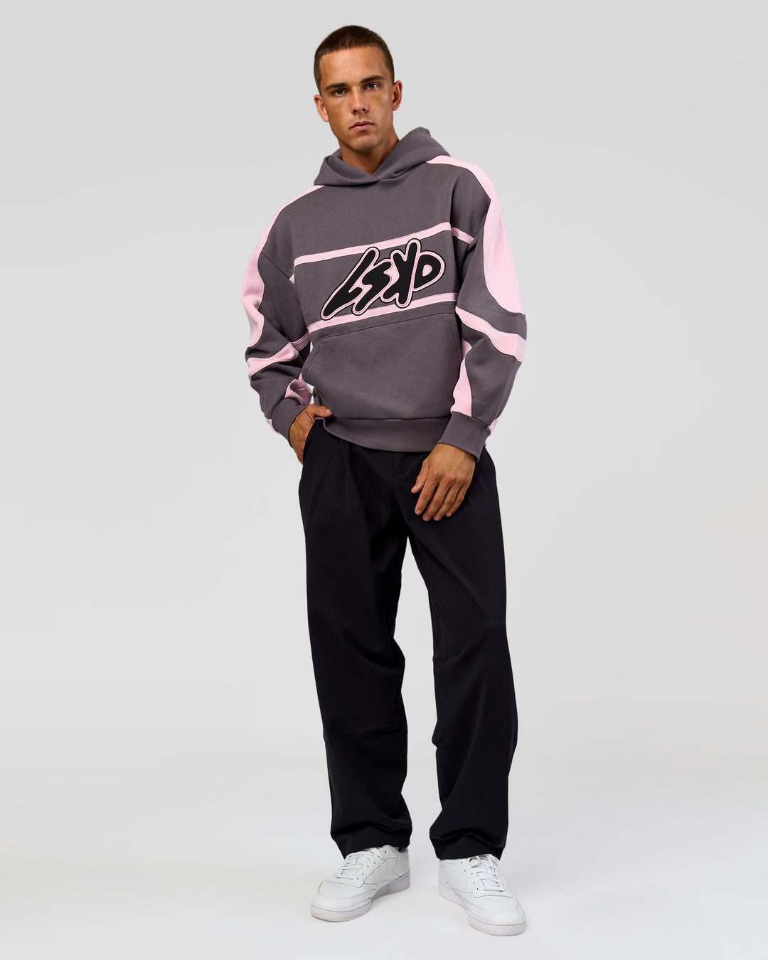 Man wearing Vibe Oversized Hoodie - Duskstone-Marshmallow | Model:Albert | Size:M - view 14