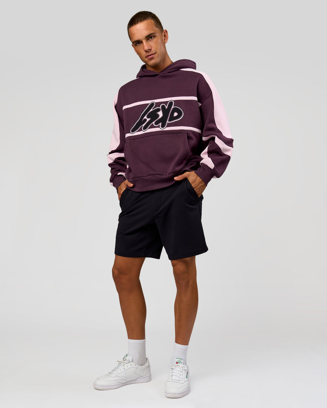Man wearing Vibe Oversized Hoodie - Midnight Plum-Marshmallow | Model:Albert | Size:M - view 13