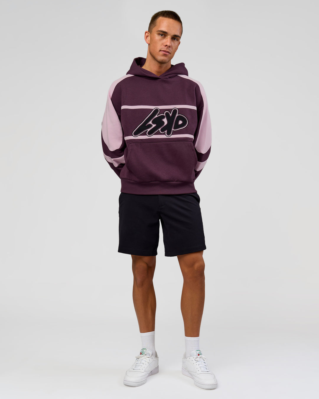 Man wearing Vibe Oversized Hoodie - Midnight Plum-Marshmallow | Model:Albert | Size:M - view 14