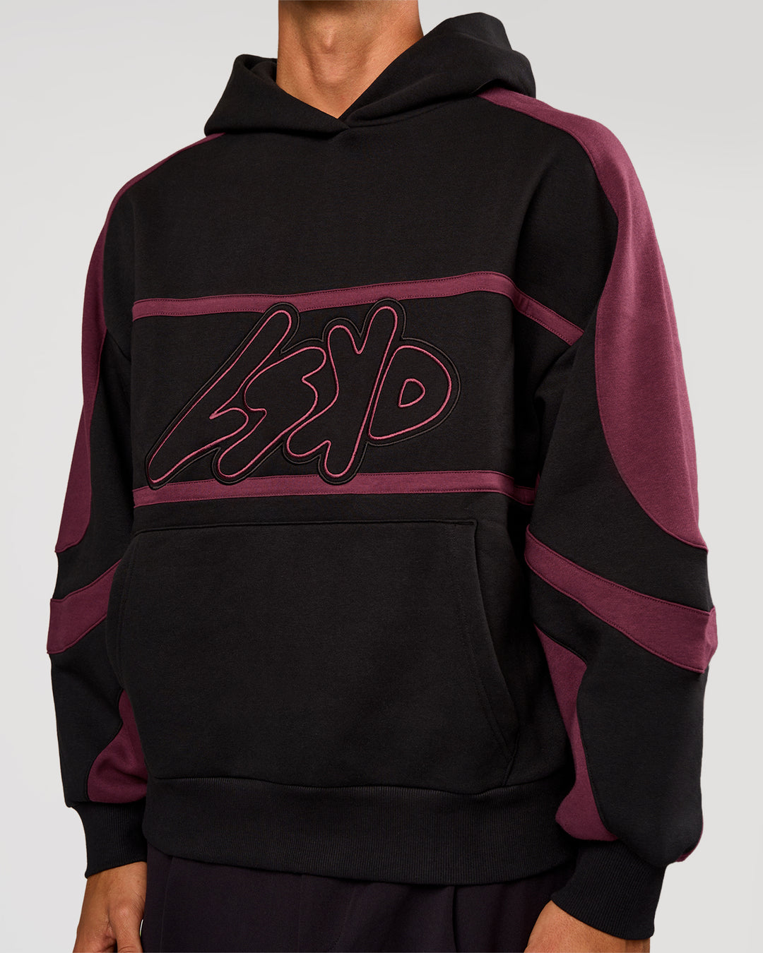 Man wearing Vibe Oversized Hoodie - Black-Cherry Lacquer | Model:Albert | Size:M - view 2