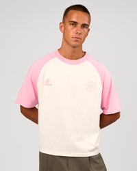 Man wearing Victory Heavyweight Boxed Raglan Tee - Off White-Pink Rose | Model:Albert | Size:M | Thumbnail Index: 1