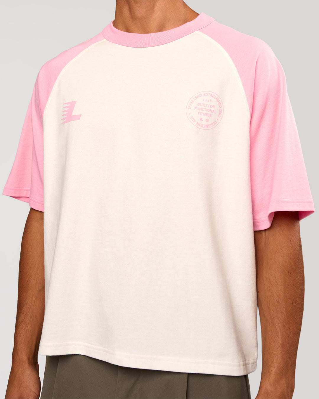 Man wearing Victory Heavyweight Boxed Raglan Tee - Off White-Pink Rose | Model:Albert | Size:M - view 5