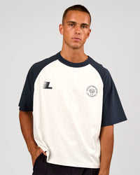 Man wearing Victory Heavyweight Boxed Raglan Tee - Silver Marl-Midnight Navy | Model:Albert | Size:M | Thumbnail Index: 1