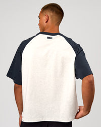 Man wearing Victory Heavyweight Boxed Raglan Tee - Silver Marl-Midnight Navy | Model:Albert | Size:M | Thumbnail Index: 3