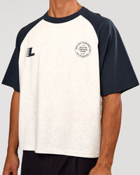 Man wearing Victory Heavyweight Boxed Raglan Tee - Silver Marl-Midnight Navy | Model:Albert | Size:M | Thumbnail Index: 5
