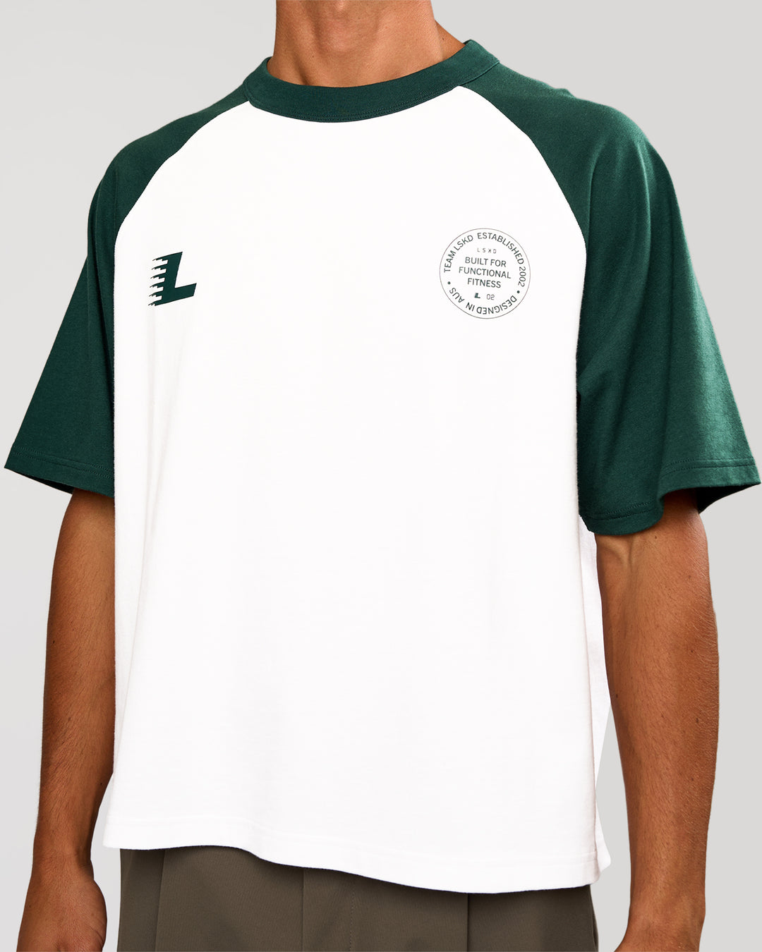 Man wearing Victory Heavyweight Boxed Raglan Tee - White-Midnight Green | Model:Albert | Size:M - view 8
