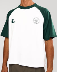 Man wearing Victory Heavyweight Boxed Raglan Tee - White-Midnight Green | Model:Albert | Size:M | Thumbnail Index: 7