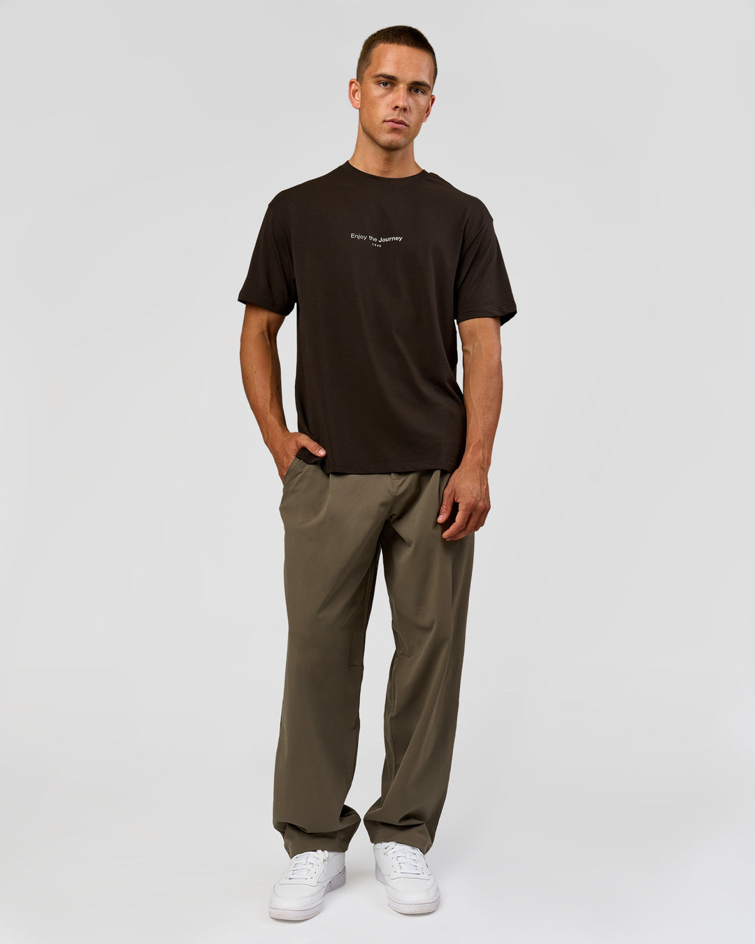 Man wearing VS1 Enjoy The Journey FLXCotton Oversize Tee - Ground Coffee | Model:Albert | Size:M - view 6