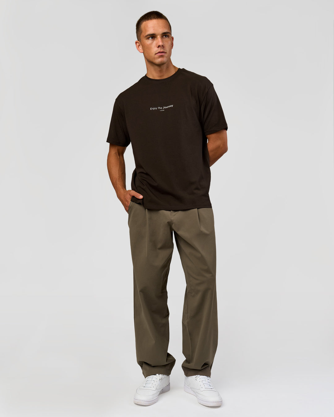 Man wearing VS1 Enjoy The Journey FLXCotton Oversize Tee - Ground Coffee | Model:Albert | Size:M - view 9
