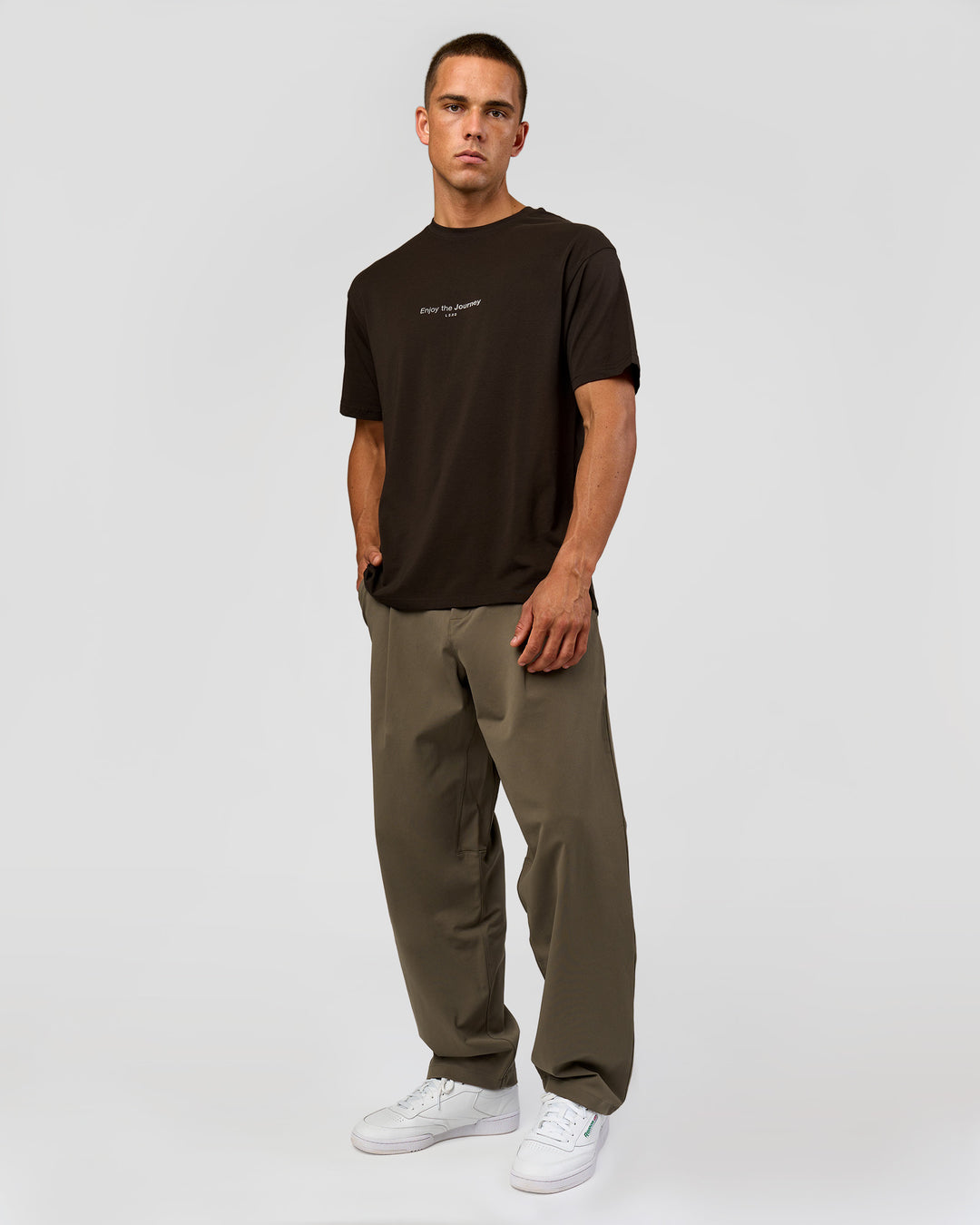 Man wearing VS1 Enjoy The Journey FLXCotton Oversize Tee - Ground Coffee | Model:Albert | Size:M - view 10