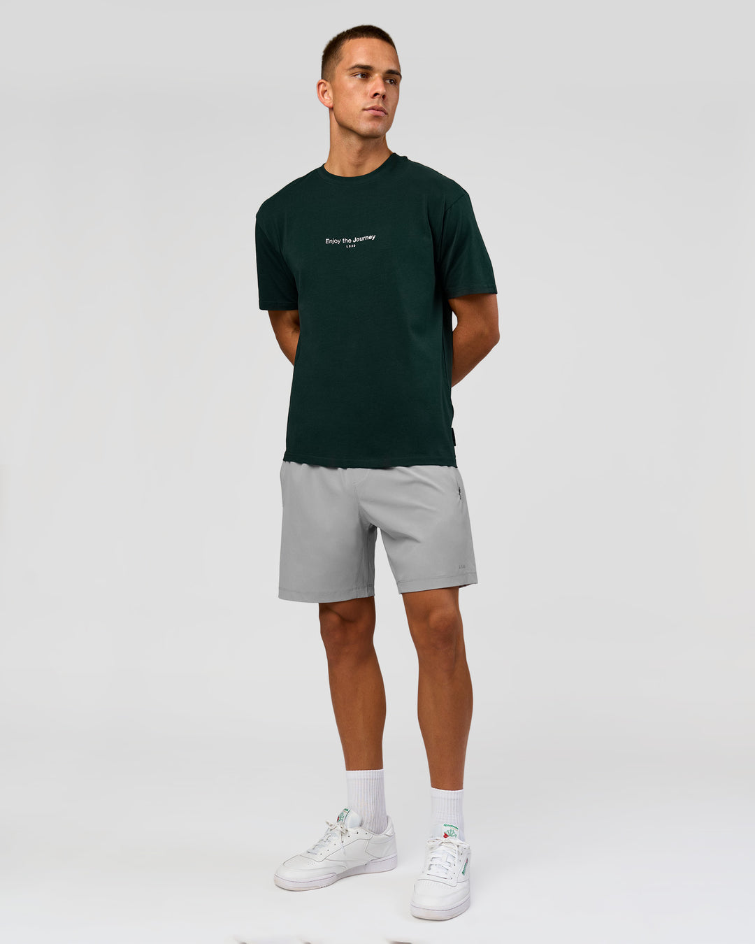 Man wearing VS1 Enjoy The Journey FLXCotton Oversize Tee - Midnight Green | Model:Albert | Size:M - view 7