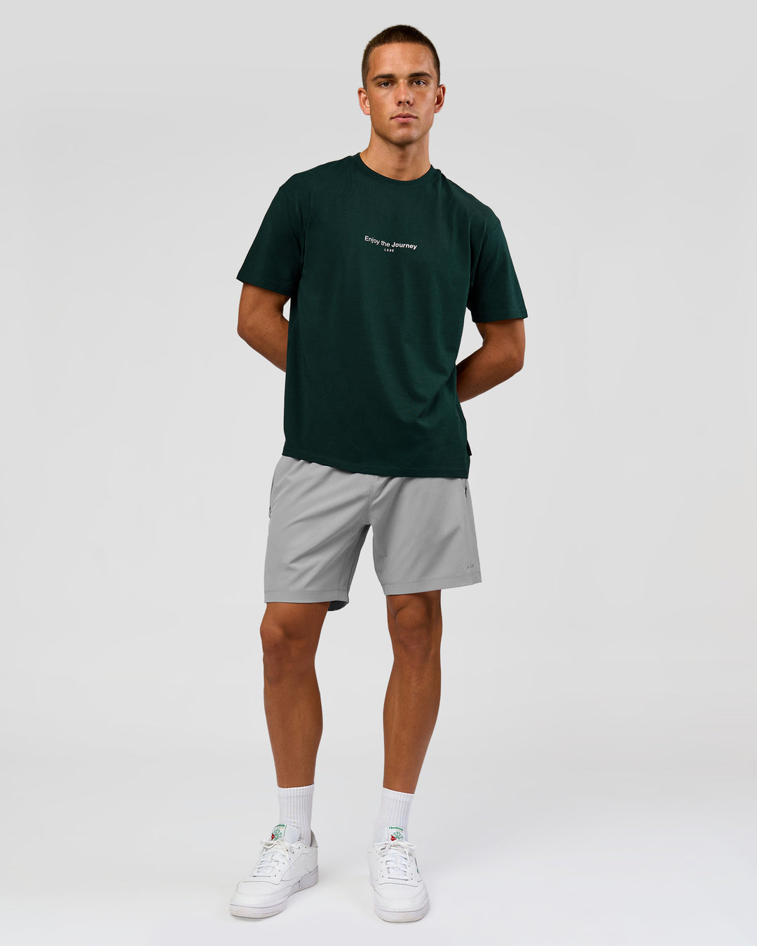 Man wearing VS1 Enjoy The Journey FLXCotton Oversize Tee - Midnight Green | Model:Albert | Size:M - view 11