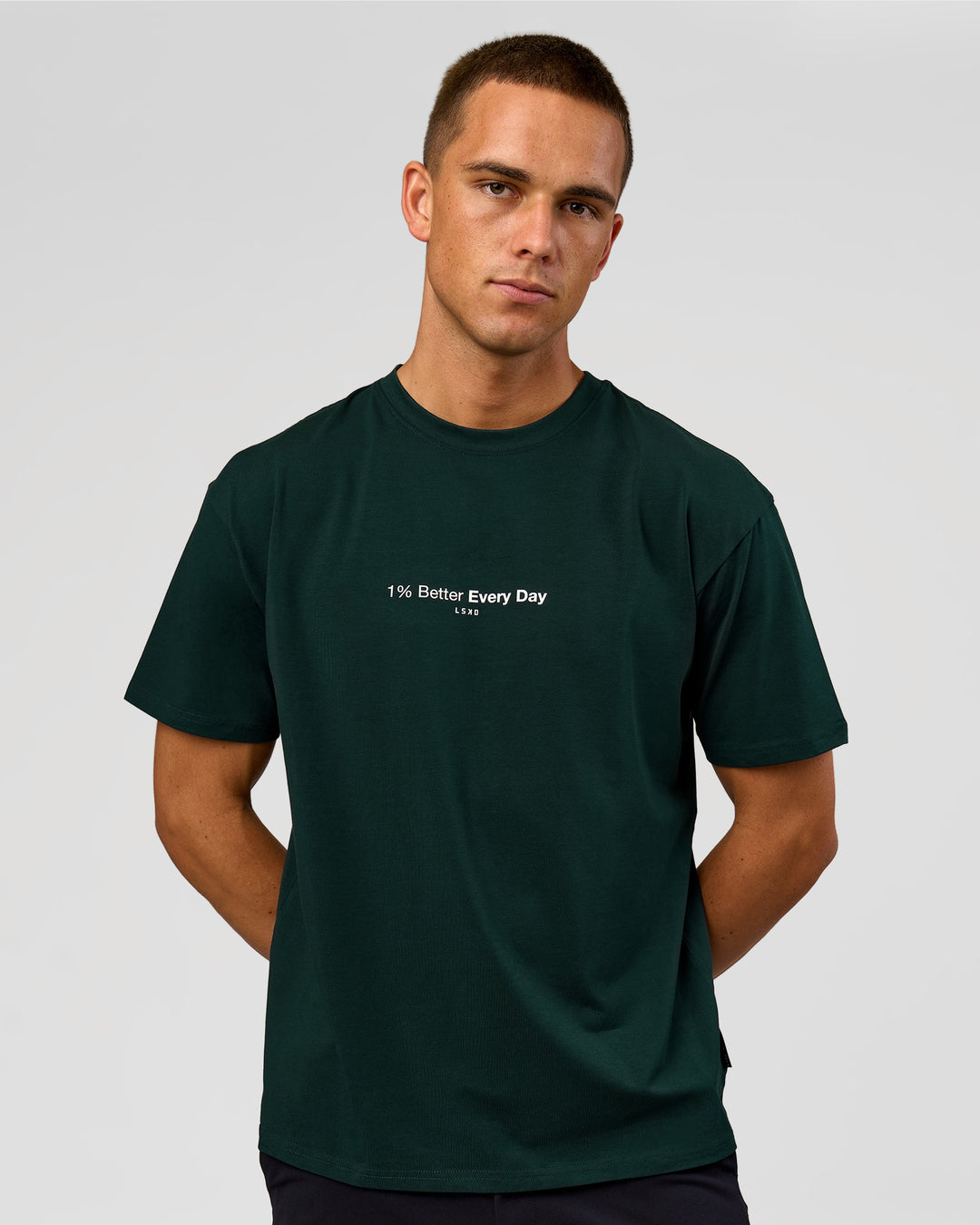 Man wearing VS6 1% Better FLXCotton Oversize Tee - Midnight Green | Model:Albert | Size:M - view 2