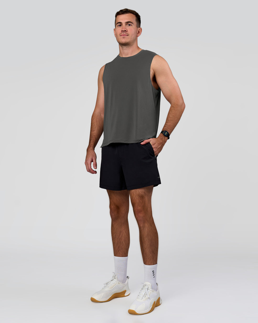 Man wearing Rep+ 5” Training Short - Black | Model:Alex | Size:M