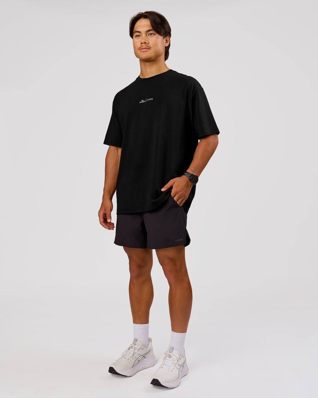 Man wearing Movember x LSKD FLXCotton Oversize Tee - Black-White | Model:George | Size:M - view 11