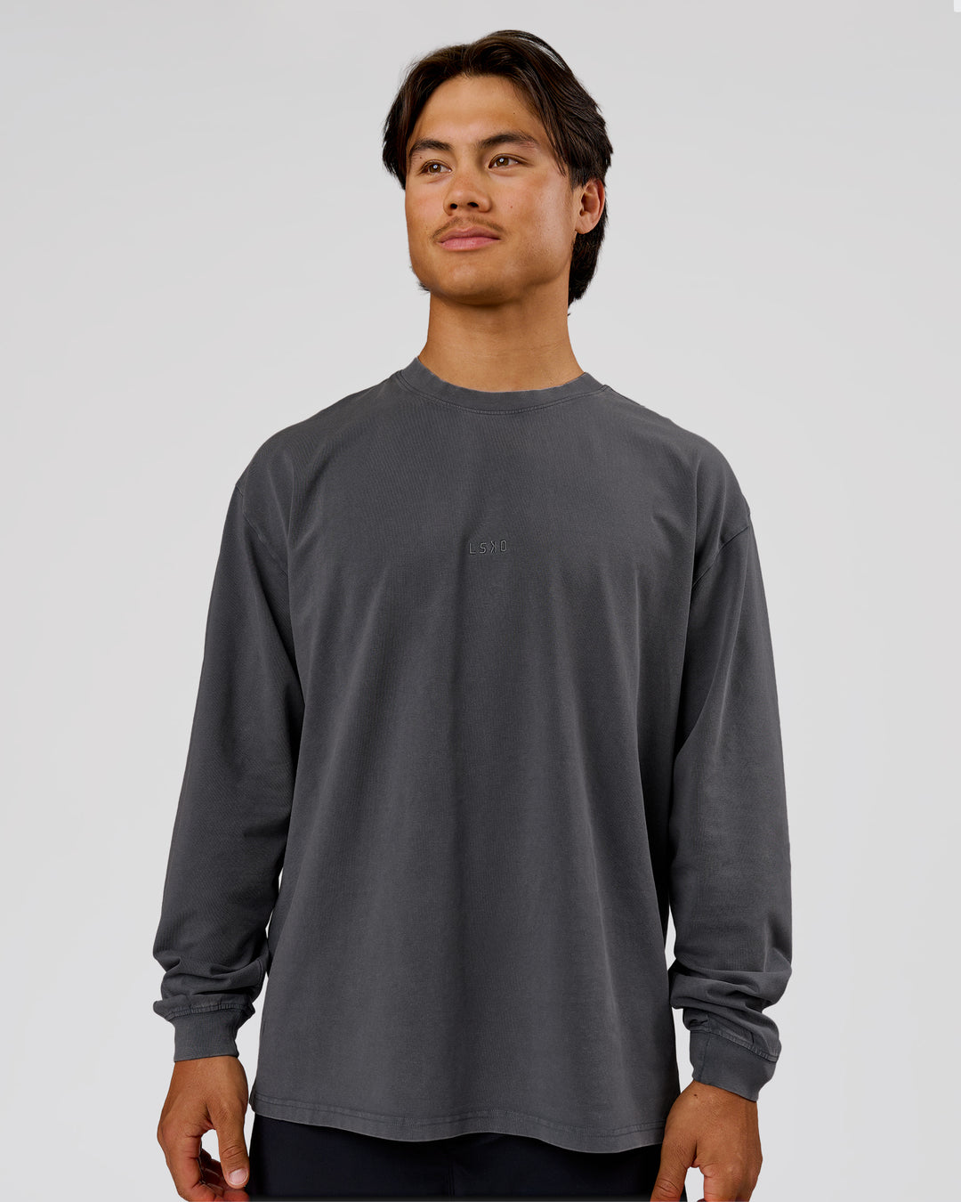 Man wearing Classic Heavyweight FLXCotton Oversized LS Tee - Dark Storm Washed | Model:George | Size:M - view 1