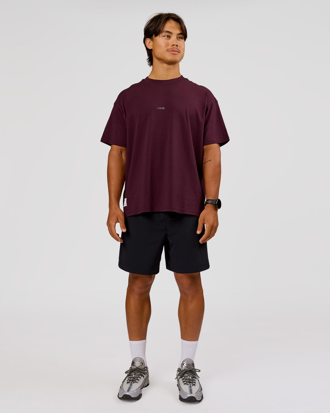 Man wearing VS26 1% Better FLXCotton Oversize Tee - Cherry Lacquer-Off White | Model:George | Size:M - view 16