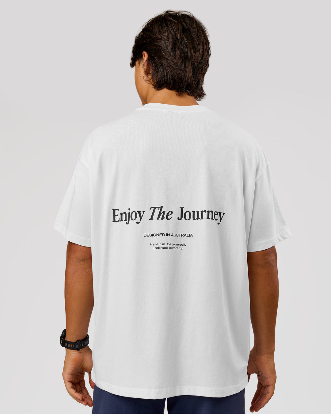 Man wearing VS26 Journey FLXCotton Oversize Tee - White-Black | Model:George | Size:M - view 3