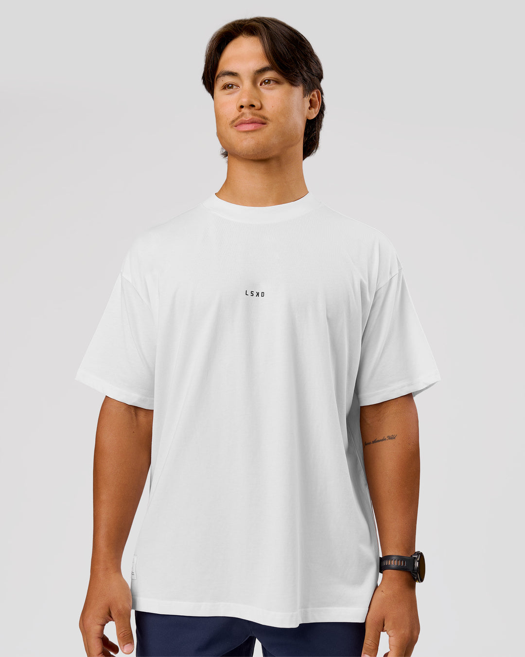 Man wearing VS26 Journey FLXCotton Oversize Tee - White-Black | Model:George | Size:M - view 5