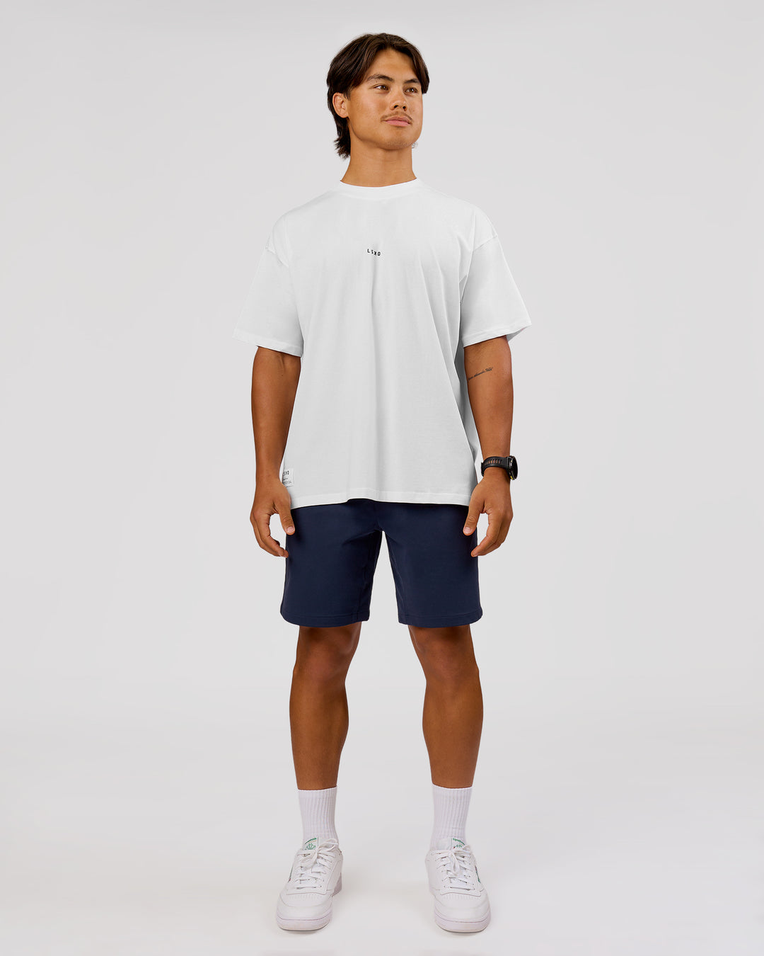 Man wearing VS26 Journey FLXCotton Oversize Tee - White-Black | Model:George | Size:M - view 11