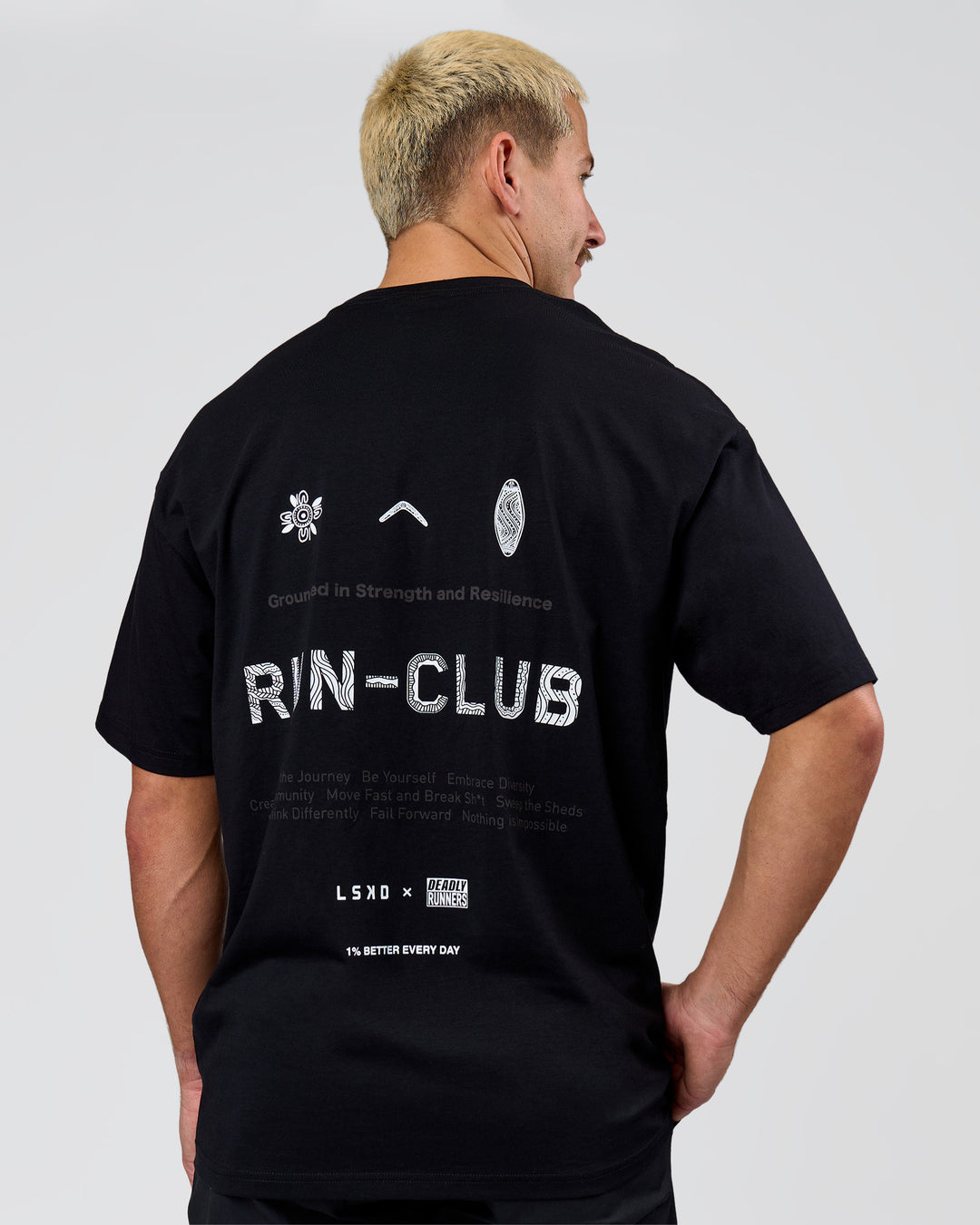 Man wearing Deadly Runners Run Club FLXCotton Oversize Tee - Black | Model:Jaiden | Size:M - view 3