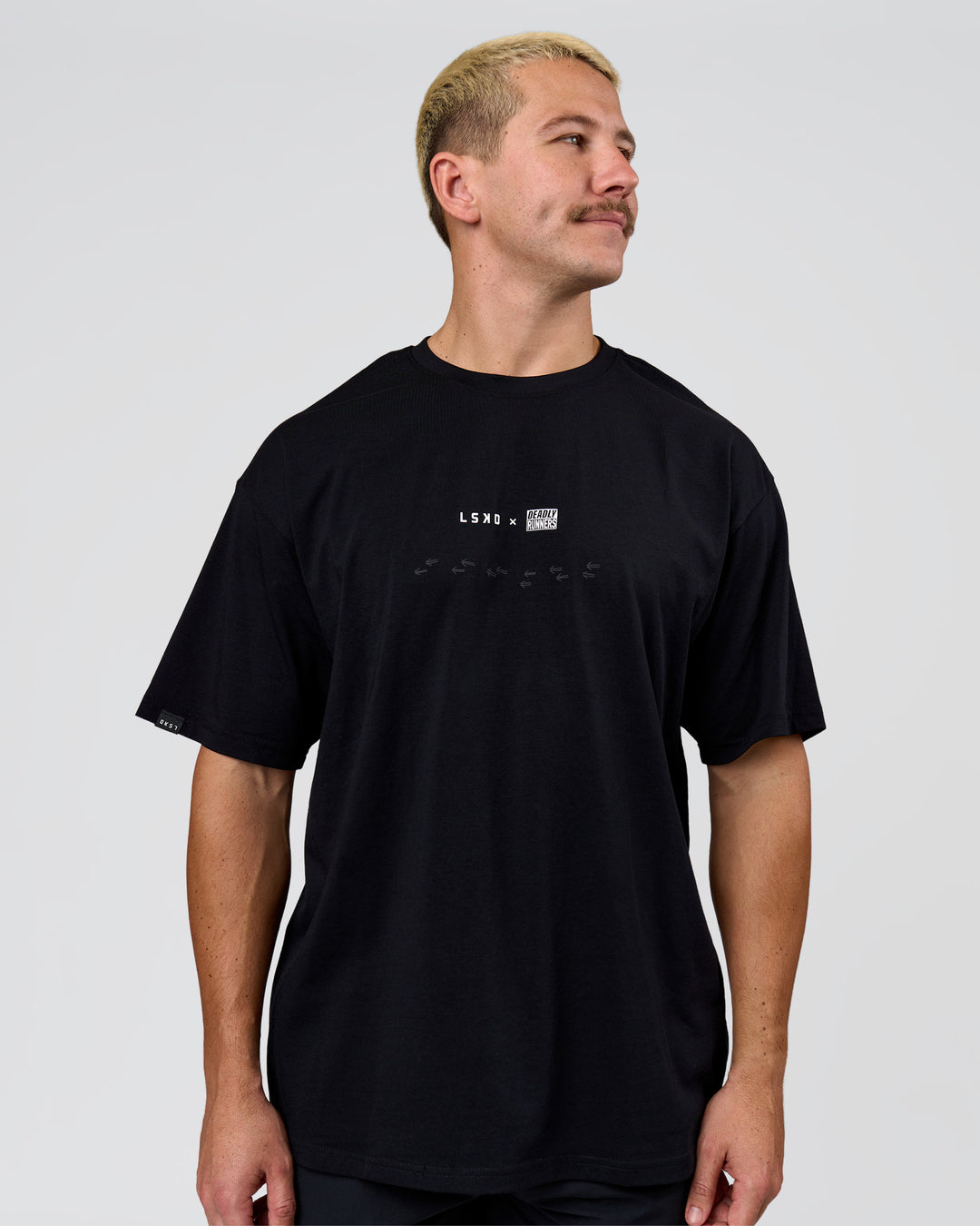 Man wearing Deadly Runners Run Club FLXCotton Oversize Tee - Black | Model:Jaiden | Size:M - view 6