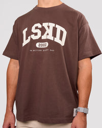 Man wearing Varsity EST Heavyweight Oversized Tee  - Cocoa Powder-Off White | Model:Jaiden | Size:M | Thumbnail Index: 3